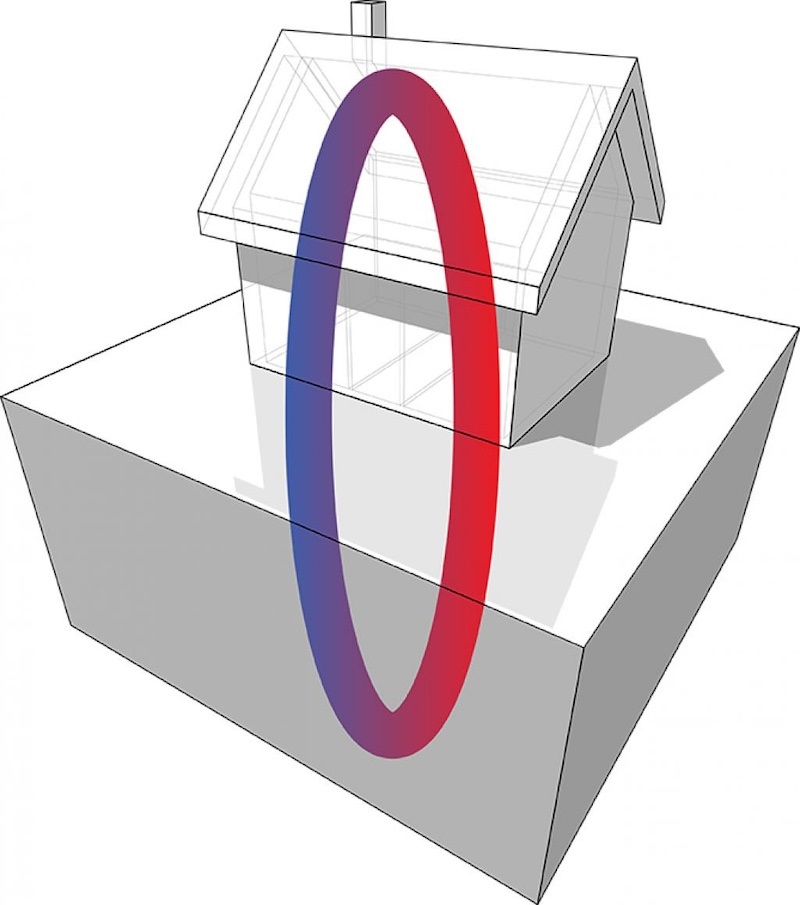 Illustration of a house on a gray box, with a blue and red ring connecting them. Image by iStock.