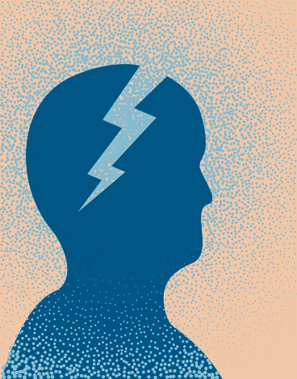 Illustration of a blue head with a lightning-shaped cutout in front of an orange background. Image by Getty Images.