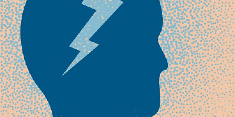 Illustration of a blue head with a lightning-shaped cutout in front of an orange background. Image by Getty Images.