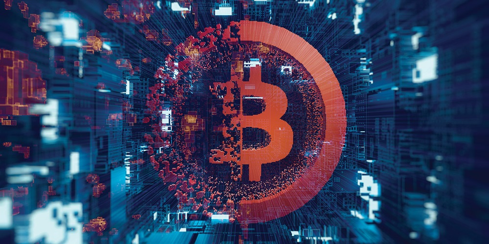 Illustration of an orange bitcoin symbol against blue servers. Image by Getty Images / dem10.