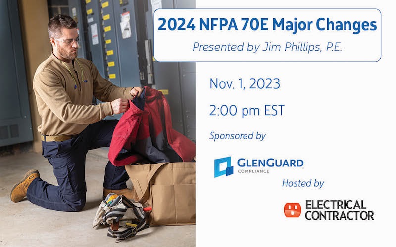 GlenGuard webinar promo, 2024 NFPA 70E Major Changes, presented by Jim Phillips, P.E. November 1 at 2:00pm Eastern.