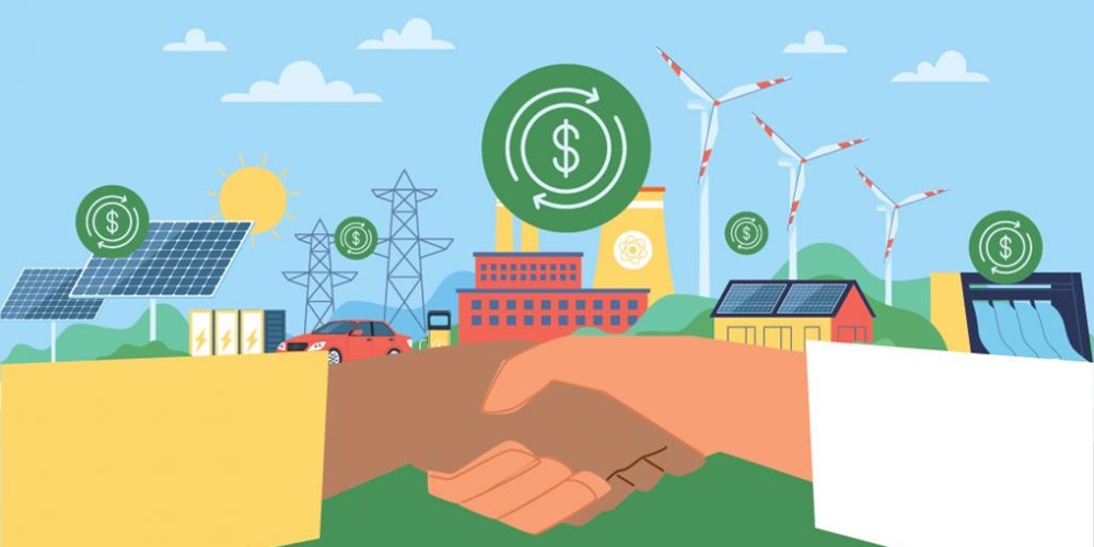 Illustration of two hands shaking in front of a blue sky, green field, houses, solar powers and windmills, symbolizing investment in energy efficiency. Image by Getty Images / Olga Kurbatova.