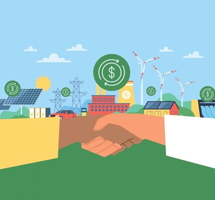 Illustration of two hands shaking in front of a blue sky, green field, houses, solar powers and windmills, symbolizing investment in energy efficiency. Image by Getty Images / Olga Kurbatova.