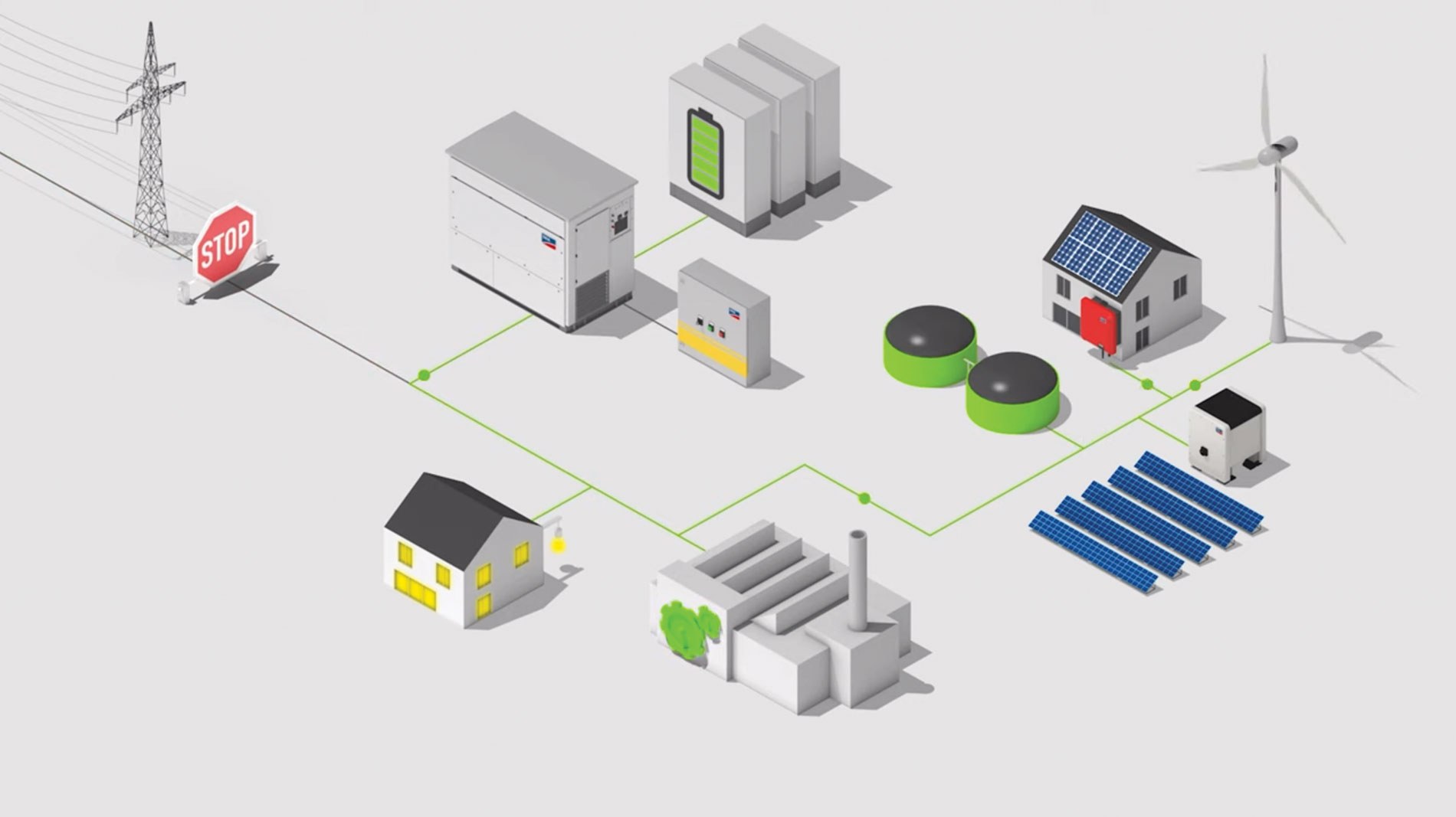 Illustration of a city with solar panels, wind turbines, a power tower, and battery storage. Image by SMA America.