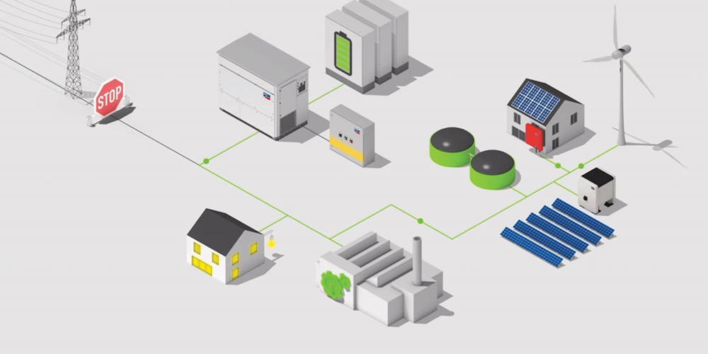 Illustration of a city with solar panels, wind turbines, a power tower, and battery storage. Image by SMA America.