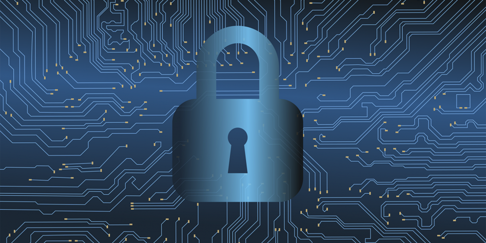 Illustration of a blue padlock over blue and yellow circuits. Image by Pixabay.