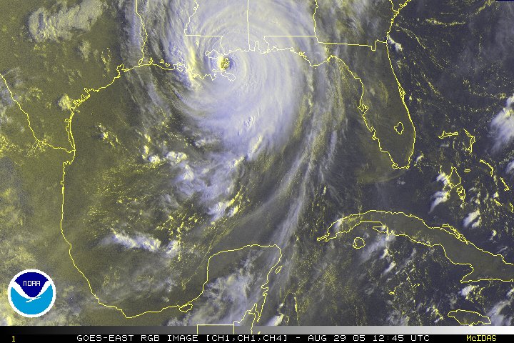 A satellite view of Hurricane Katrina over Louisiana