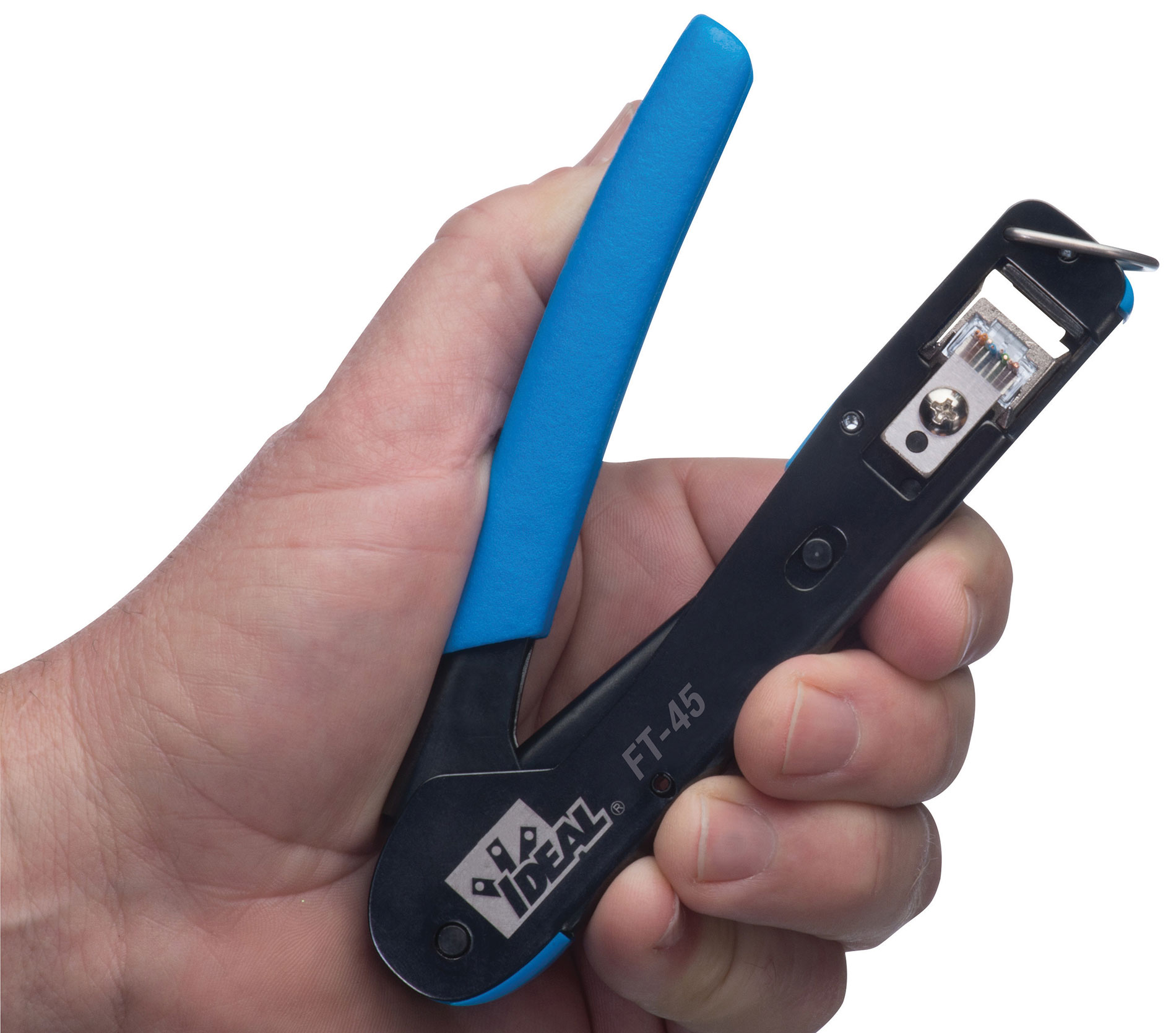 A hand holding an Ideal Industries FT-45 crimping tool. Image by www.idealind.com.