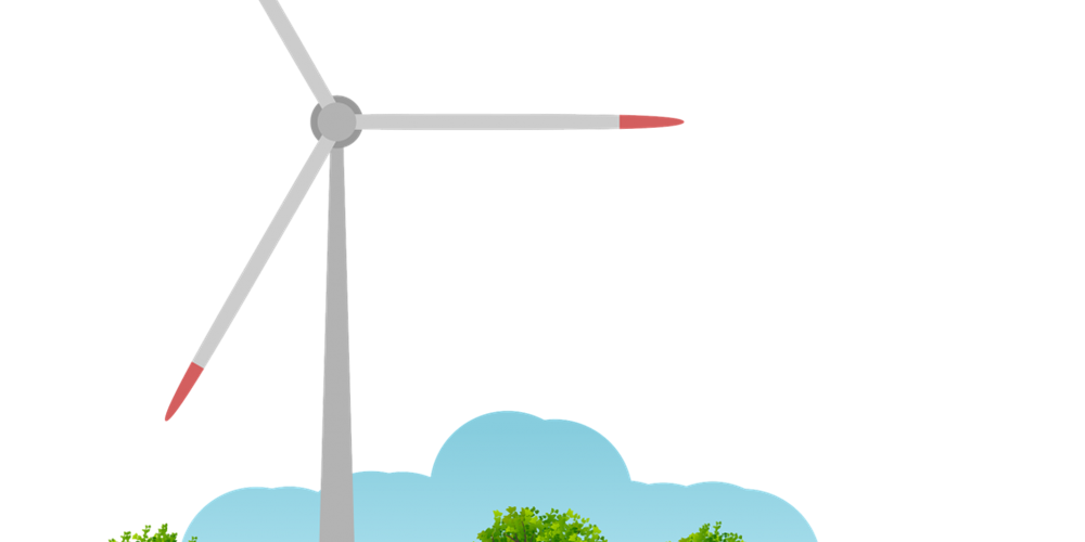 Illustration of a wind turbine on a green hill with trees. Image by aalmeidah / Pixabay.