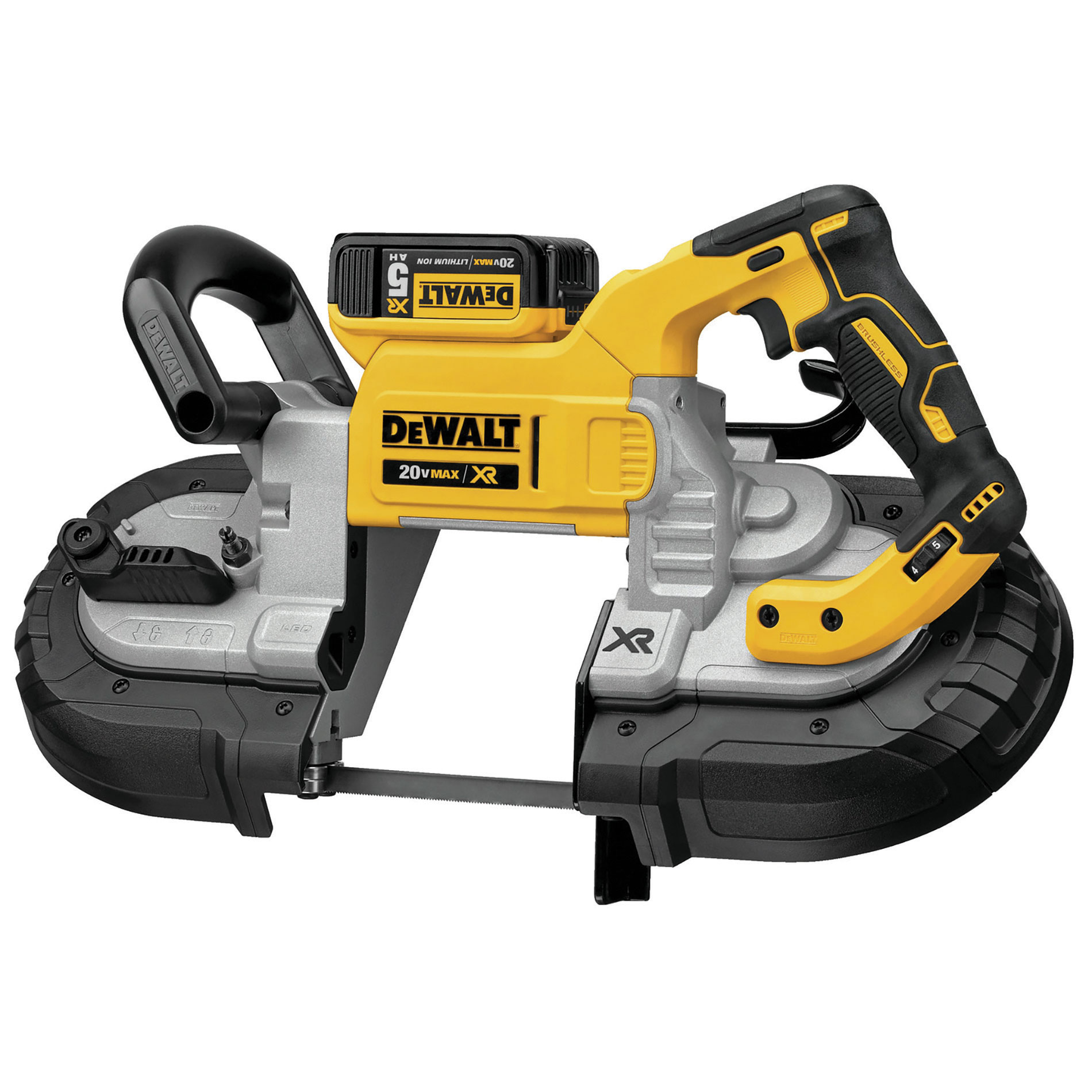 DeWalt cordless portable band saw with lightweight frame and deep cut capacity, built for cutting conduit, pipe, and threaded rod in tight spaces.
