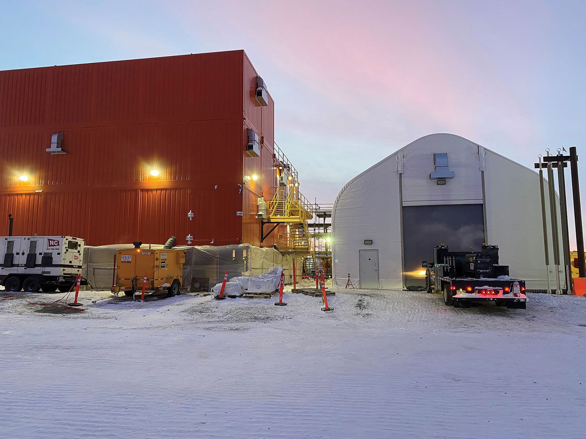 The fully assembled waste disposal facility on the North Slope accepts drilling waste, starting with truck deliveries in the tent. | Alcan Electrical / Bruce Davis