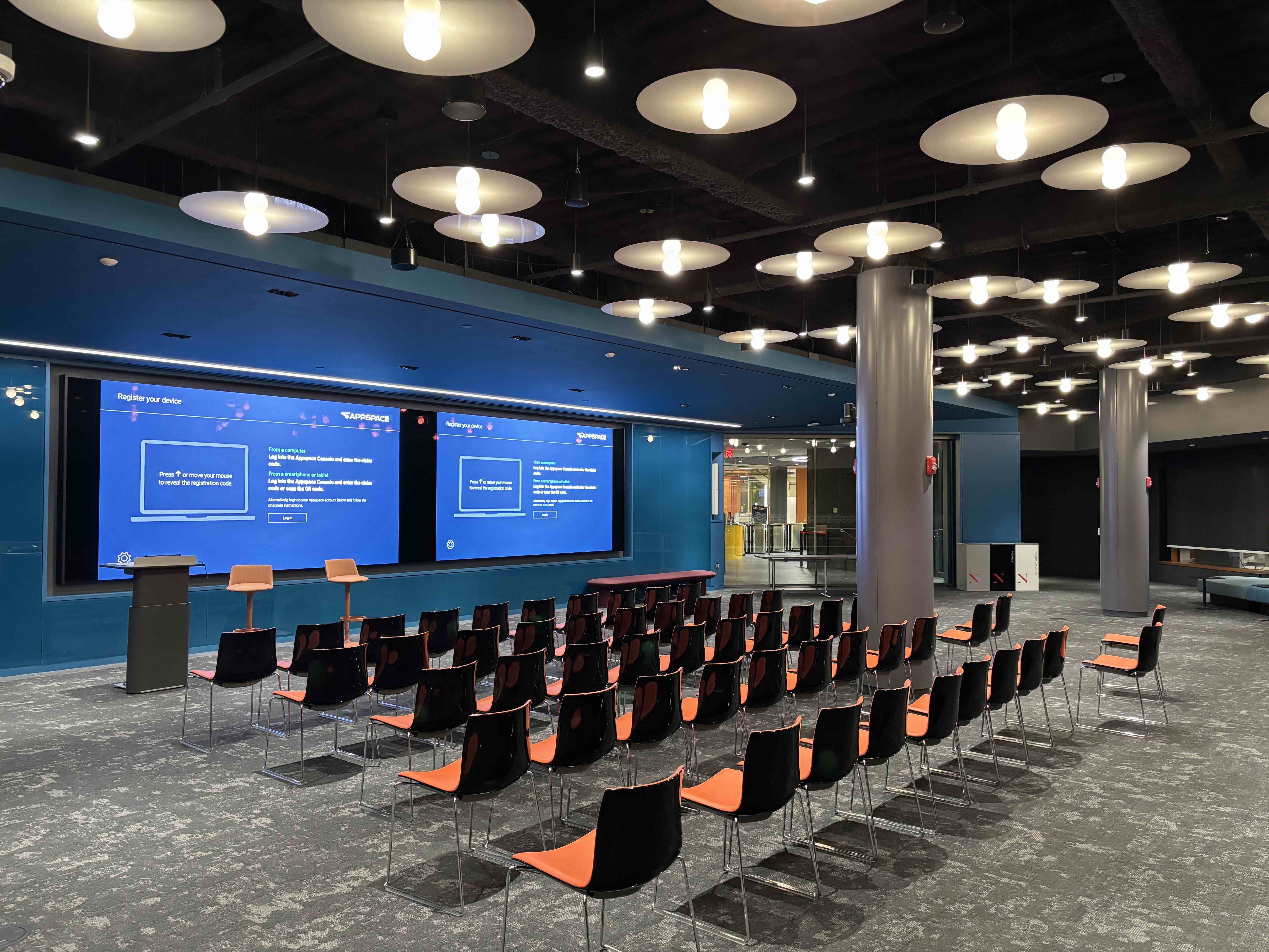 Northeastern University's Snell Library now includes brightly lit presentation rooms. Photo by Andrew Horvitz, Horvitz Communications.