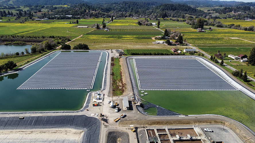 Collins Electrical installed and design-built the Healdsburg Wastewater Treatment Plant’s floating solar photovoltaic system, which was “the largest in the nation“ when completed in May 2021. Photo by COLLINS ELECTRICAL CO. INC.