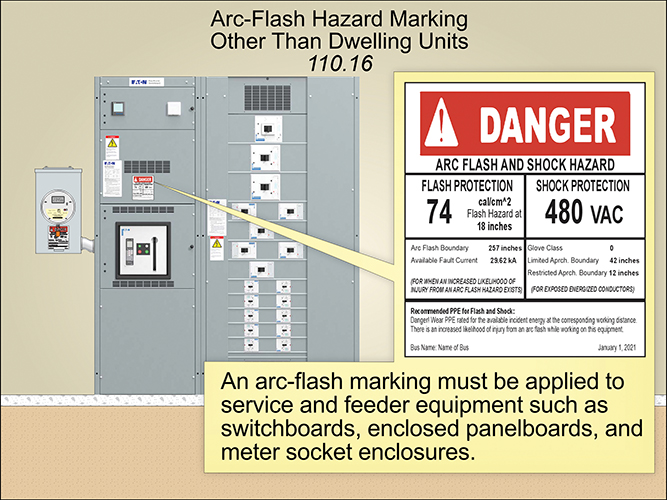 An arc-flash marking must be applied to service and feeder equipment such as switchboards, enclosed panelboards and meter socket enclosures. | Mike Holt Enterprises