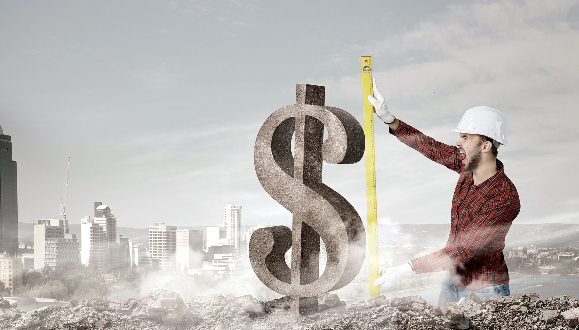 A worker holds a measuring stick up to a stone dollar sign against a gray city background. Image by stock.adobe.com / Sergey Nivens.