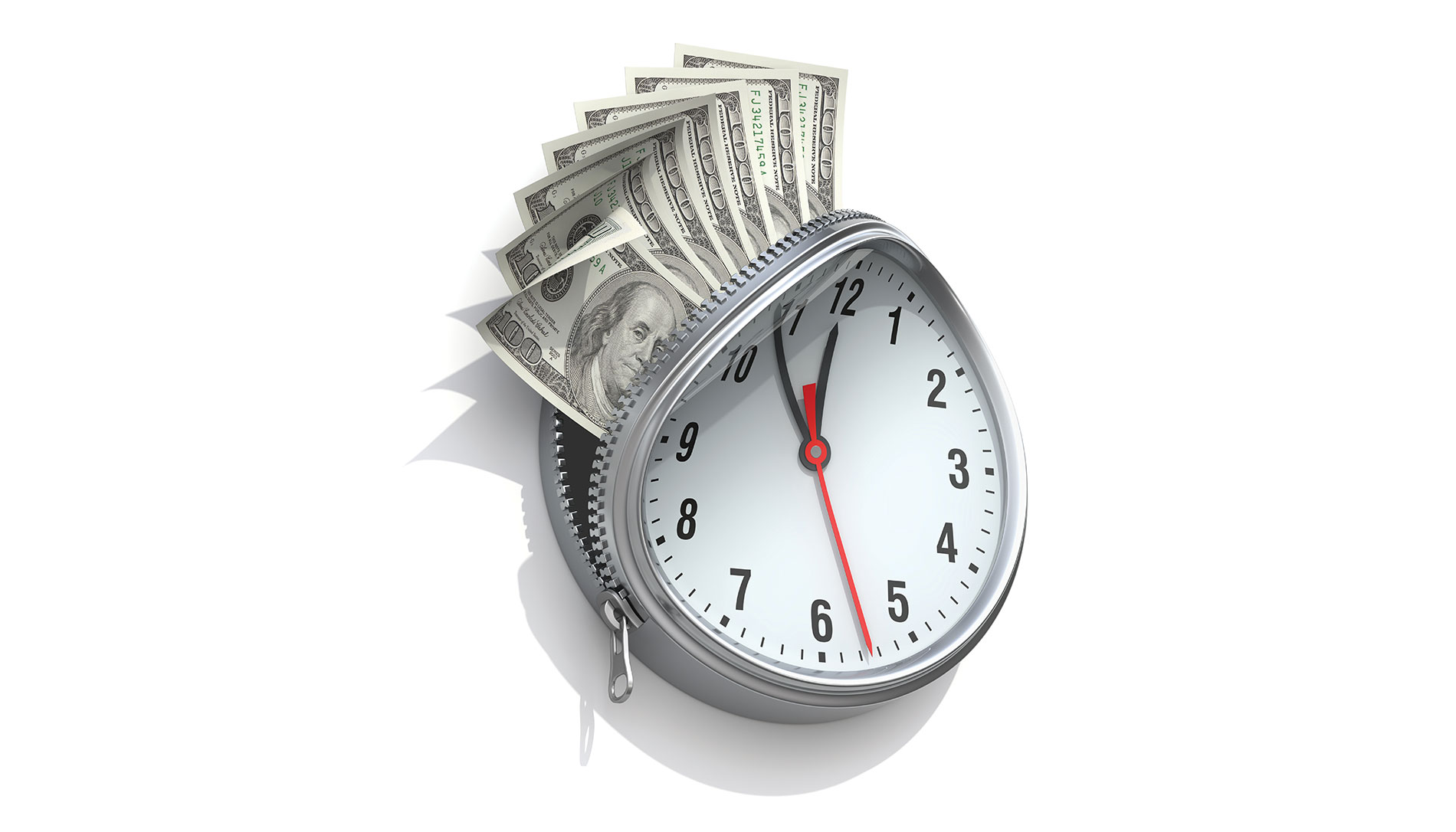 Illustration of hundred-dollar bills coming out of an unzipped clock. Image by stock.adobe.com / Mipan.