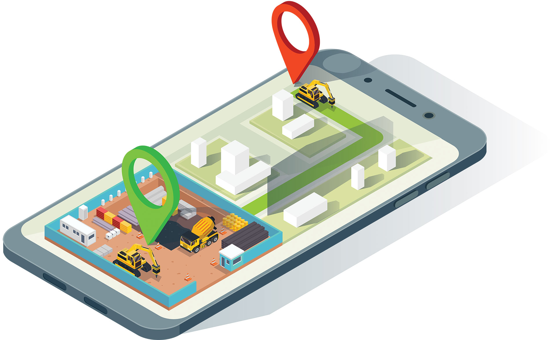 Illustration of a 3-D city and construction site on a smartphone. Image by Shutterstock / NTL Studio / Naulicrea.