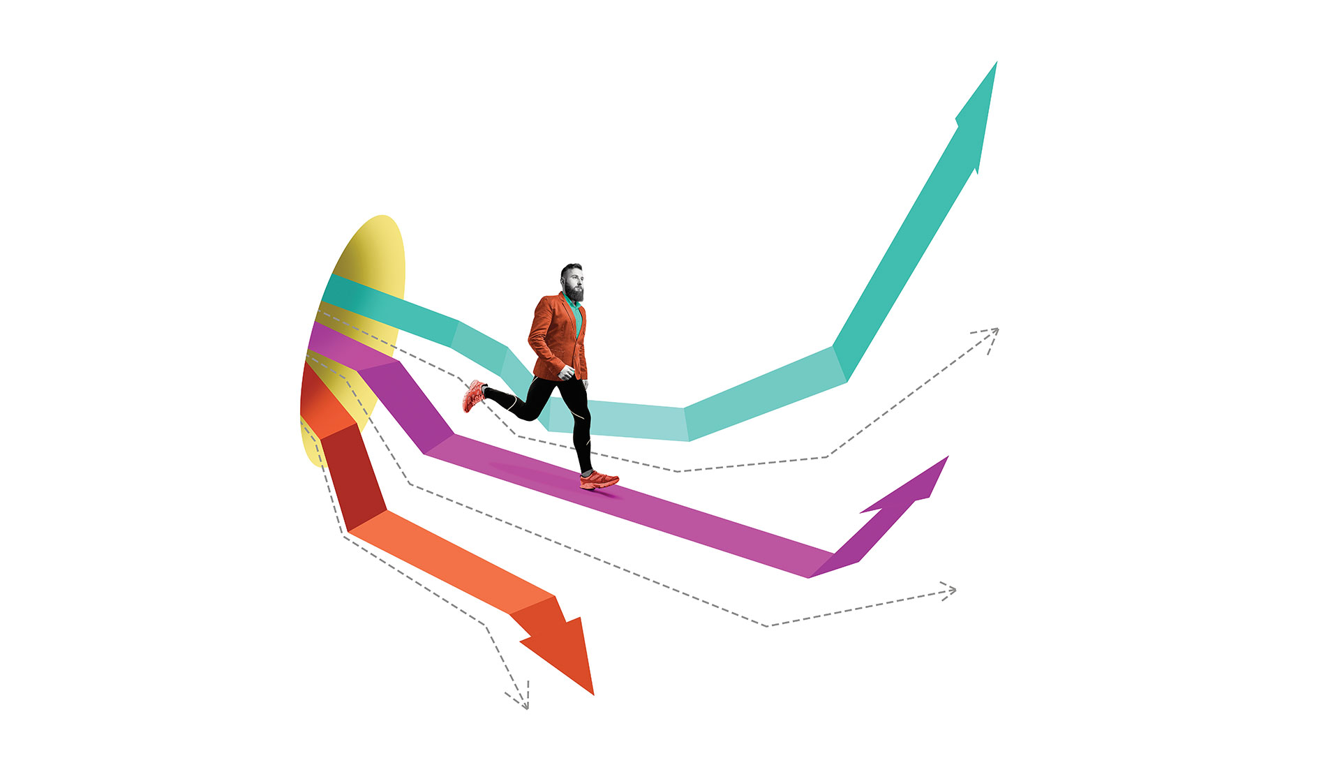 Illustration of a man running on angled arrows coming out of a hole. Image by Shutterstock / Svetazi.