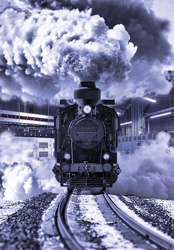 steam engine with data center in background