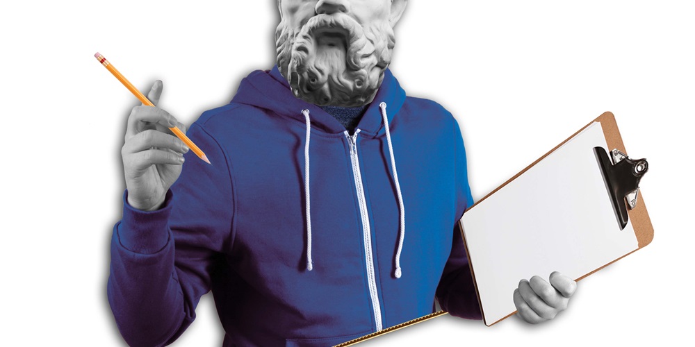Illustration of a stone bust of Socrates dressed in a hoodie and hard hat, holding a pencil and clipboard. | Leading by Example: The Socratic method of teaching and servant leadership