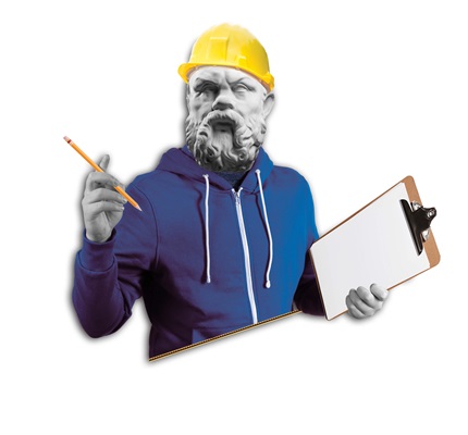 Illustration of a stone bust of Socrates dressed in a hoodie and hard hat, holding a pencil and clipboard. | Leading by Example: The Socratic method of teaching and servant leadership