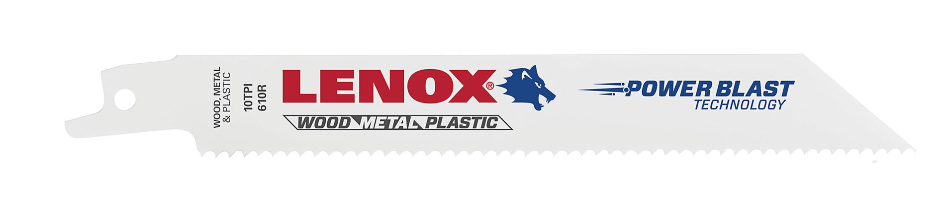 White reciprocating saw blade with Lenox label. Image by www.lenoxtools.com.