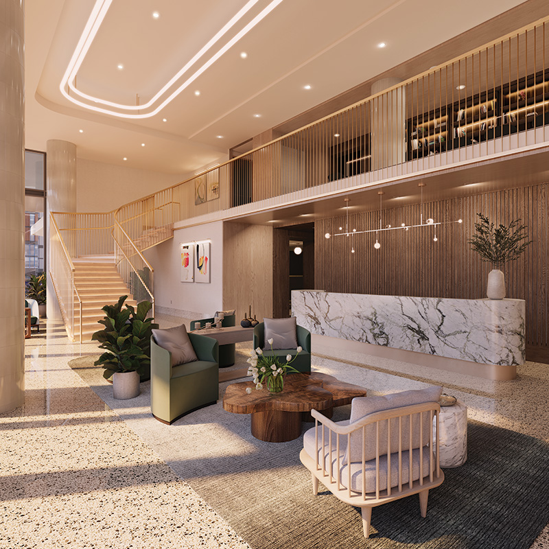 The Portman Residential Tower lobby features linear and LED lighting fixtures. Source: Portman Holdings