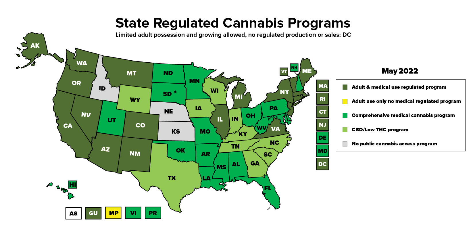Map of the United States with varied shades of green representing status of cannabis legalization in each state. Image by National Conference of State Legislatures.