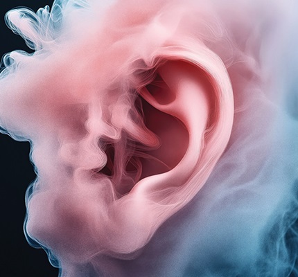 An ear dissipating into smoke, illustrating the restricted audible mode operation for fire alarm systems