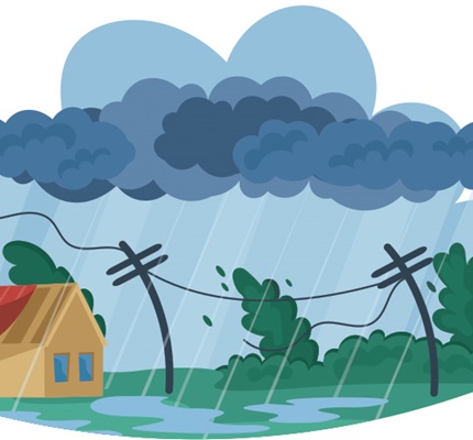 Illustration of a storm causing damage to a home, vegetation and electrical distribution lines