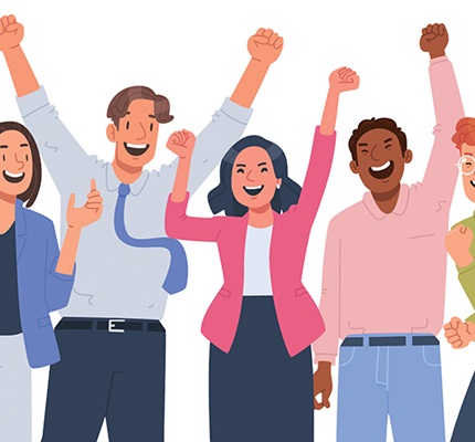 An illustration of a group of people cheering, illustrating customer satisfaction for systems integrators