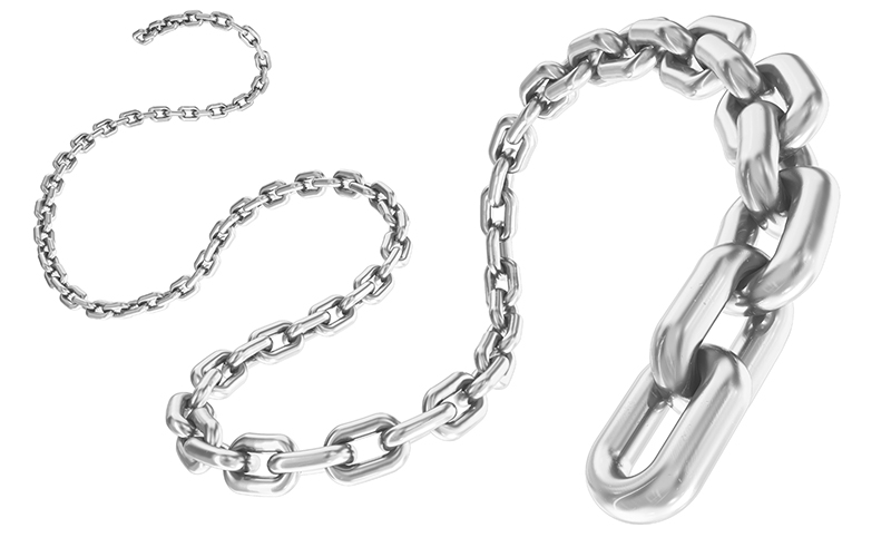 An image of a steel chain symbolizing the global supply chain for electrical transmission components