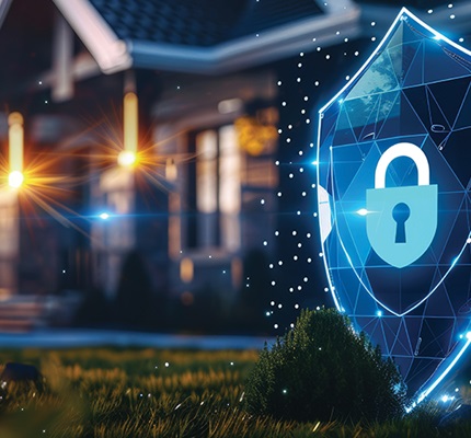 A cybersecurity symbol overlays a home, illustrating the importance of cybersecurity measures for residential buildings
