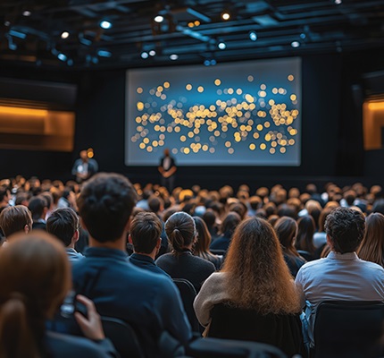 An audience sits watching a speaker on a stage, which is one example of the "places of assembly" defined in the 2023 NEC