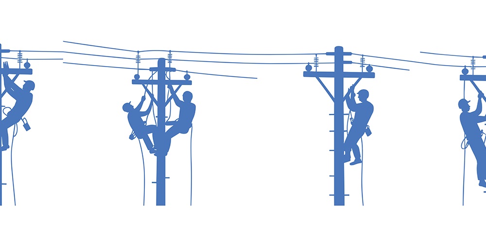 Illustrations of lineworkers on utility poles working on distribution lines