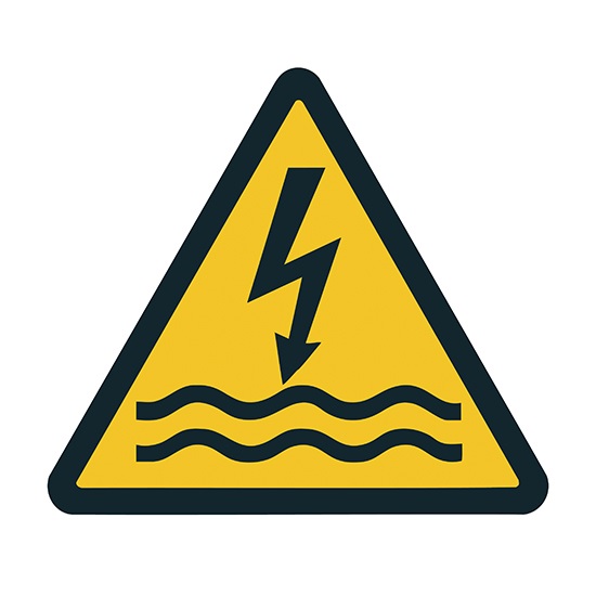 A black and yellow sign warning about wet conditions and the potential for electric shock hazards