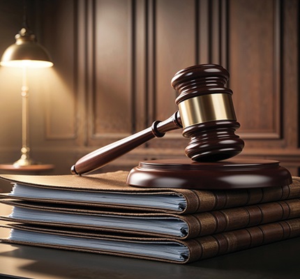 A gavel sits atop leather portfolios, illustrating the importance of understanding the law when it comes to suing the bonding company for payment on federal contract work.