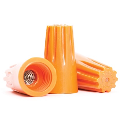 Wire nuts like the ones pictured are commonly used to connect wires today, but other older methods such as solder and tape may be found in older homes.