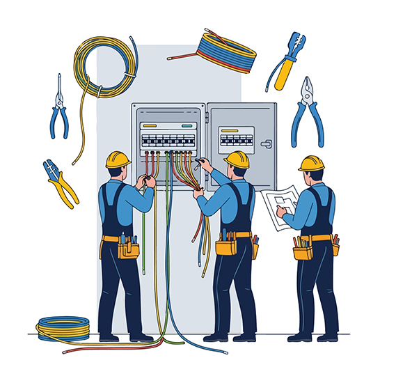 Illustration of electrical workers performing preventative maintenance on an electrical panel | stock.adobe.com / Muqodimatul