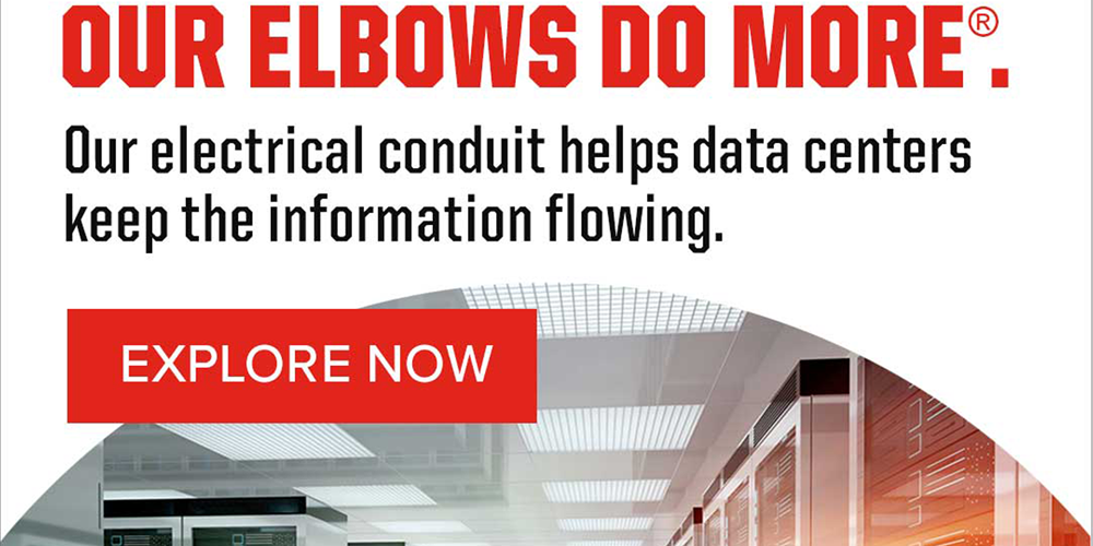 Illustration of servers with green and orange highlights.  Font reads "Champion Fiberglass Our Elbows Do More. Our electrical conduit helps data centers keep the information flowing. Explore now. Made in the USA." Image by Champion Fiberglass.