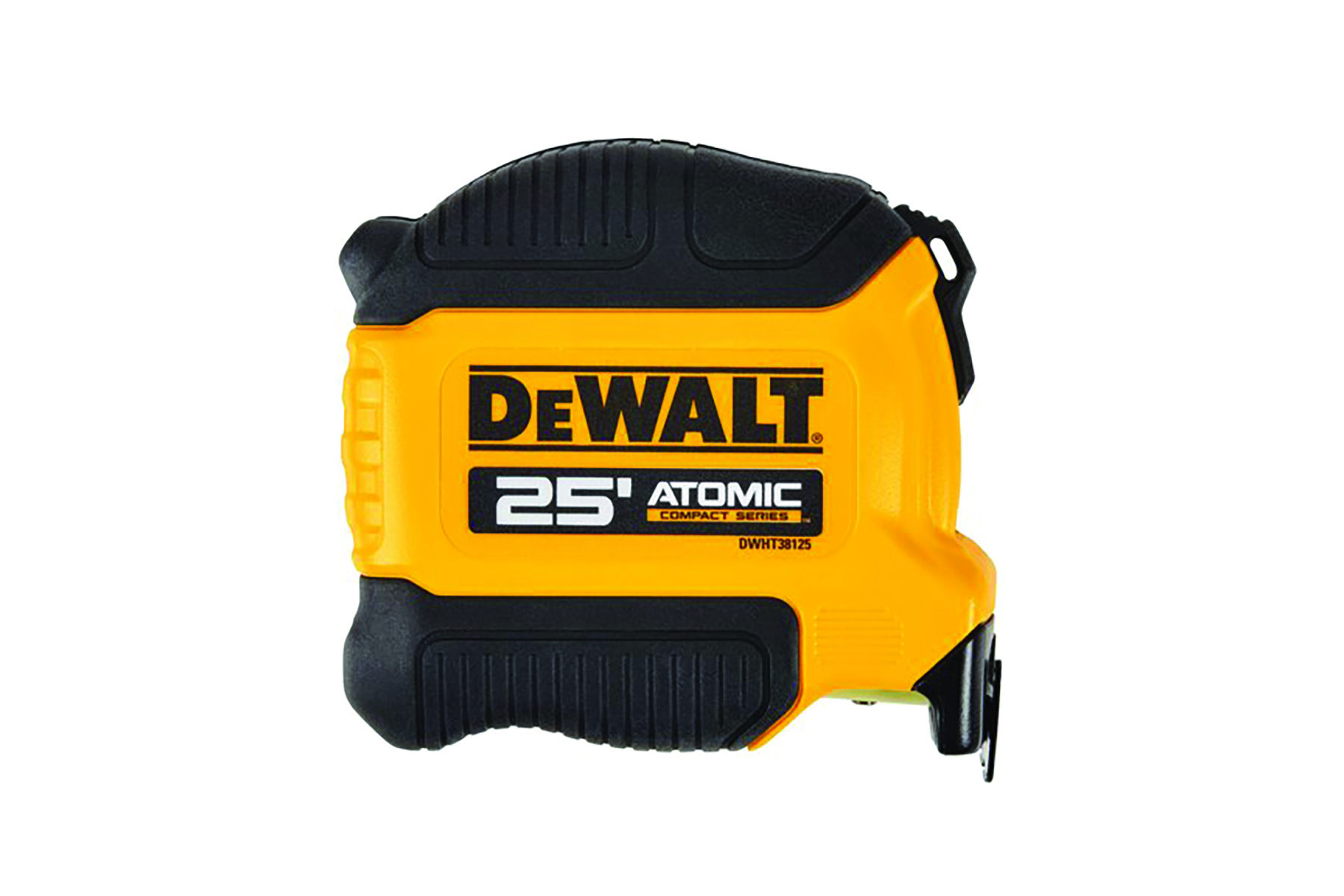 Black and yellow tape measure labeled " DeWalt 25' Atomic." Image by DeWalt.