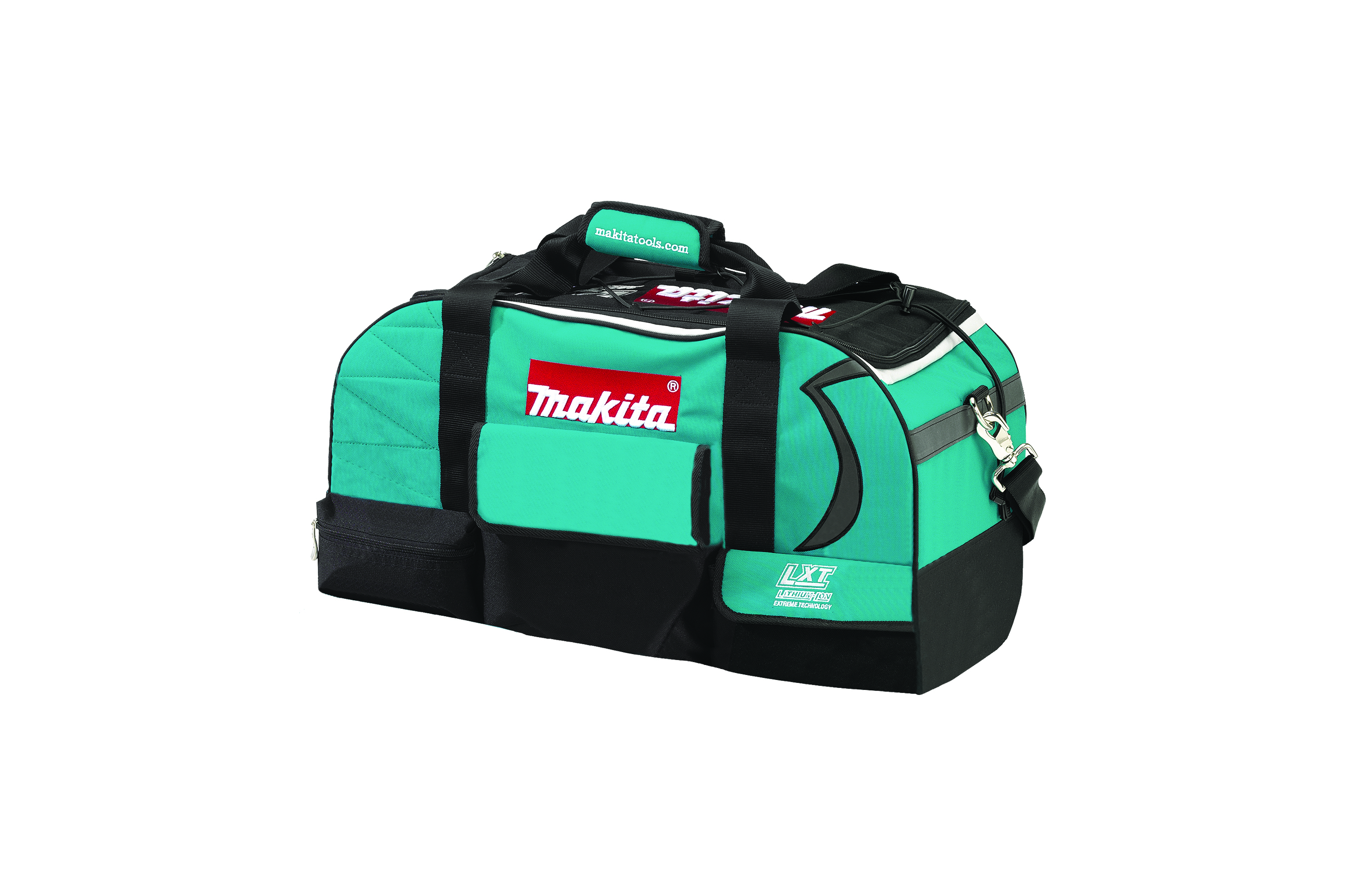 A teal and black tool bag with a red "Makita" label. Image by Makita Tools.
