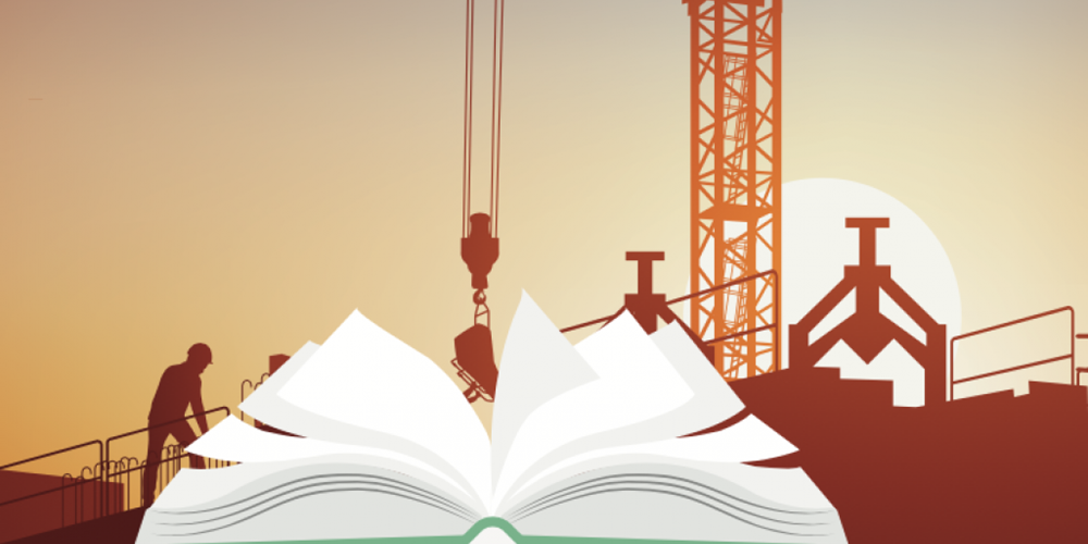 Illustration of an open book reading "NEC" against a backdrop of workers and a crane during sunset. Image by Wikimedia Commons.