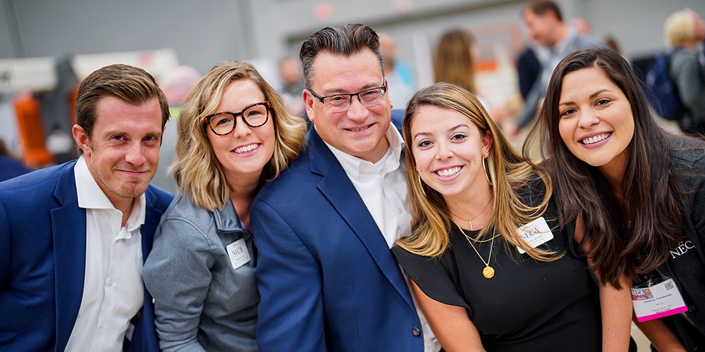 the 5 members of the NECA Government Affairs team smile at the camera, from left: Jared Karbowsky, Hadlea Bender, Marco A. Giamberardino, Raley Wright, and Jessica Cardenas