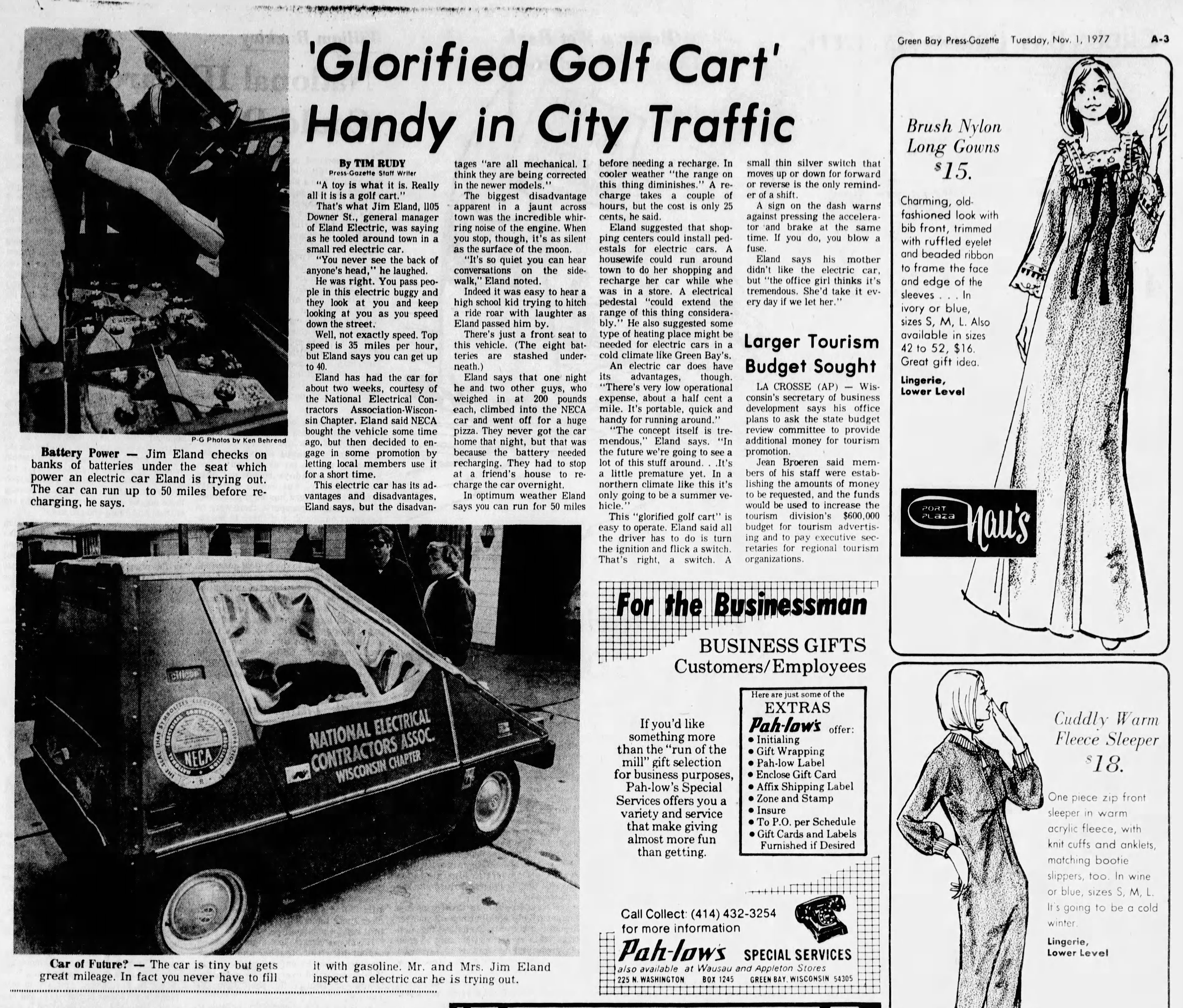 News clipping of circa 1977 EV provided by the Eland family, owners of Eland Electric Corp., Green Bay, Wis.