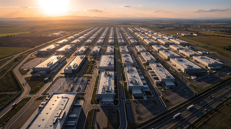 data centers with sunset