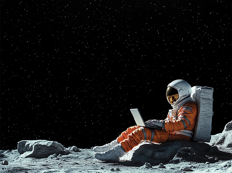 astronaut on computer on moon