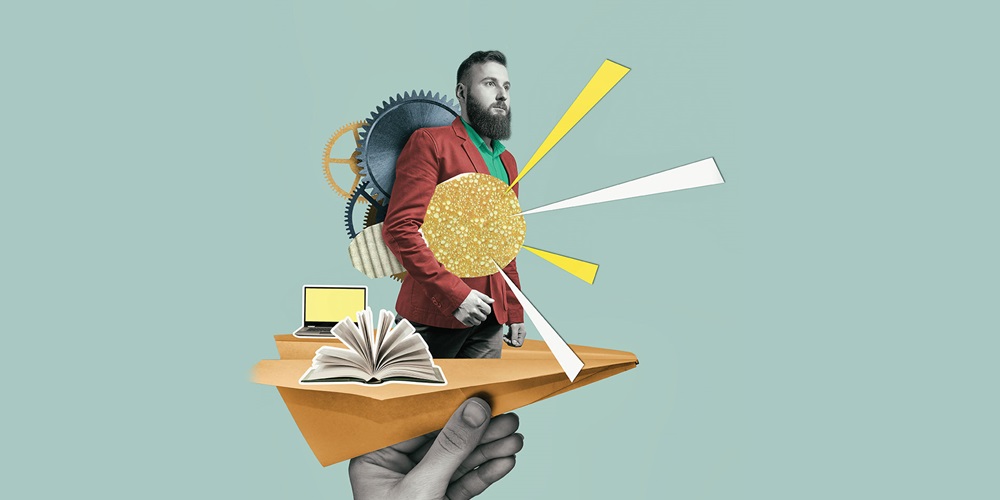 Illustration of a hand holding up a paper airplane with a man, lightbulb, laptop and book on top. Image by Shutterstock / Svetazi.