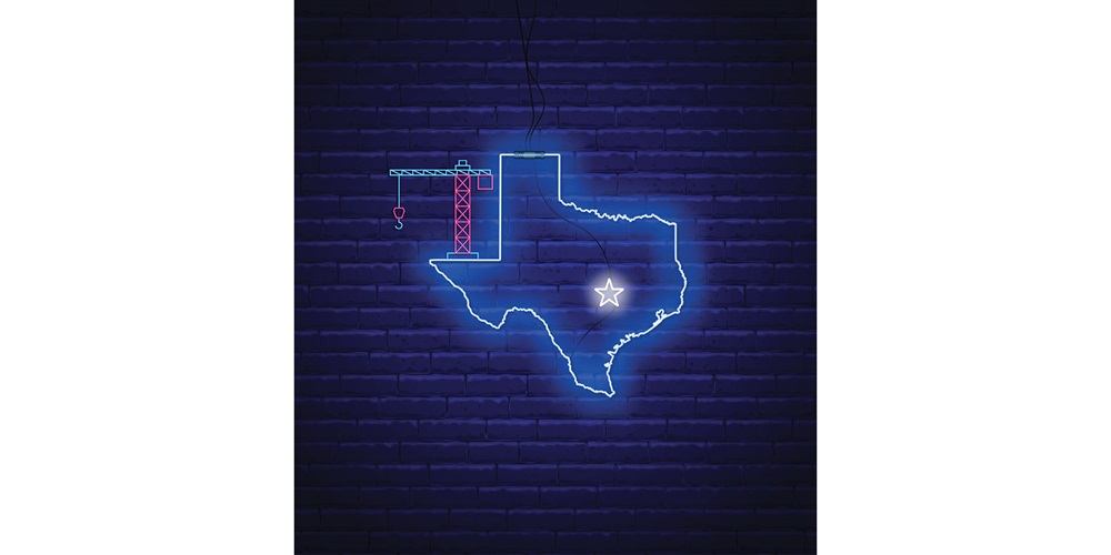 Blue neon outline of Texas and a crane against a blue brick wall. Image by Shutterstock / Jikgostudio / Anna Gaigul / TanyaFox.