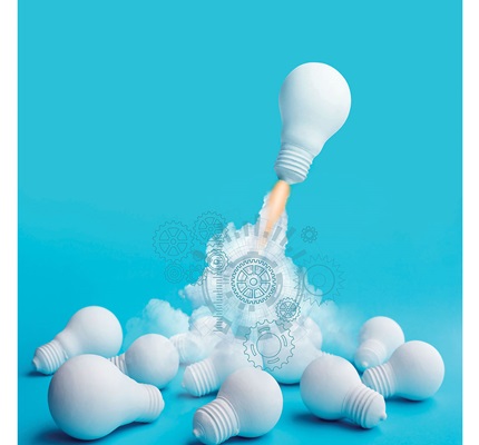 Illustration of a lightbulb rocketing away from a pile of lightbulbs. Image by Shutterstock / Artistdesign29 / HAKINMHAN.